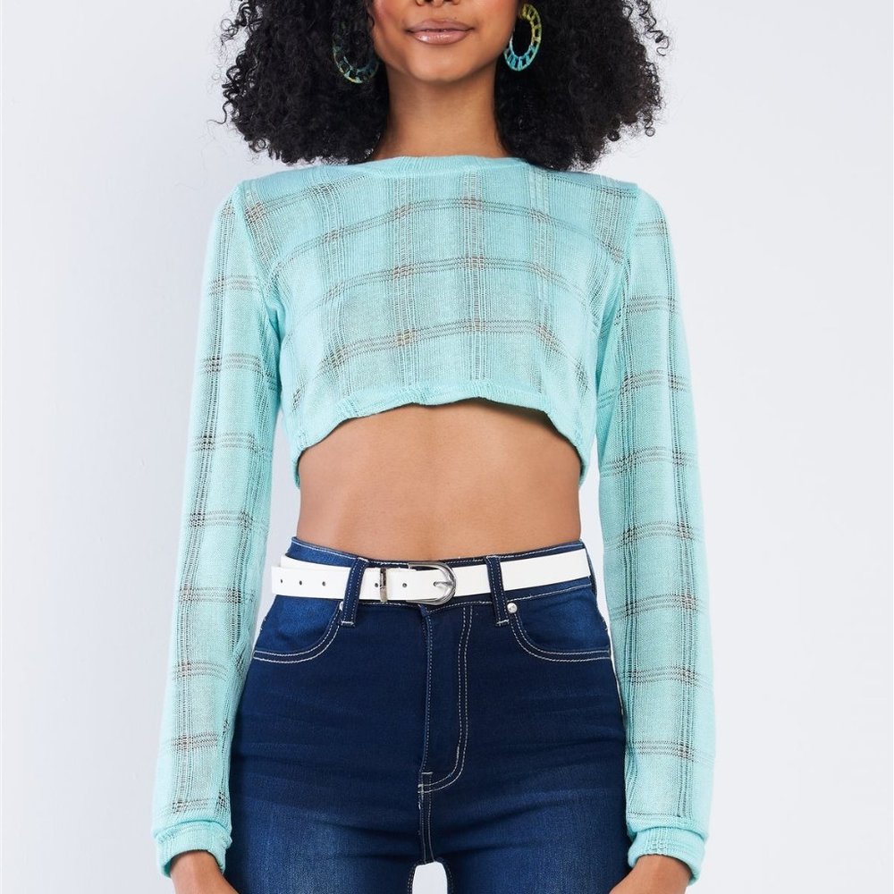 Women's Tiffany Blue Cropped Knit Long Sleeve Sweater NWT